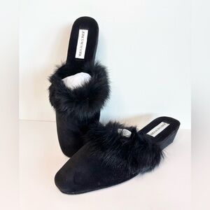 Jones New York Black Faux Fur Mule Slides  Boudoir Slippers Bedroom Slippers